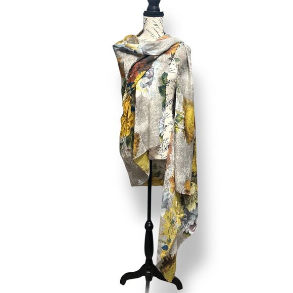 Kollie More Tan Floral Print Long Scarf Wrap Viscose Tan Yellow Green Boho Shawl - Picture 4 of 12
